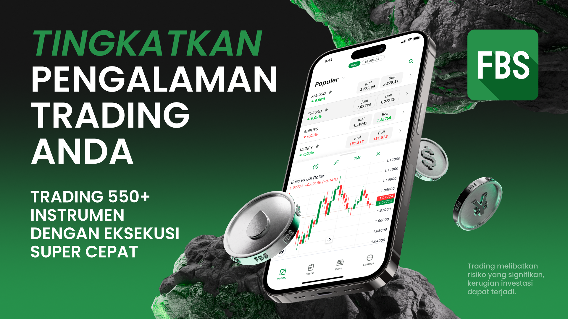 Tampilan aplikasi trading forex di smartphone dengan grafik pasangan mata uang, simbol mata uang dolar dan yen melayang di sekitar layar. Slogan 'Tingkatkan Pengalaman Trading Anda' terlihat di samping, dengan logo FBS di pojok kanan atas